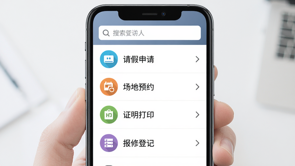 手机界面展示知行理工办事大厅页面,列表形式排列请假申请、场地预约、证明打印、报修登记等服务项目,每个项目左侧配有彩色圆形图标,右侧有箭头指示,顶部搜索框,整体风格简约商务,画质干净,无多余元素