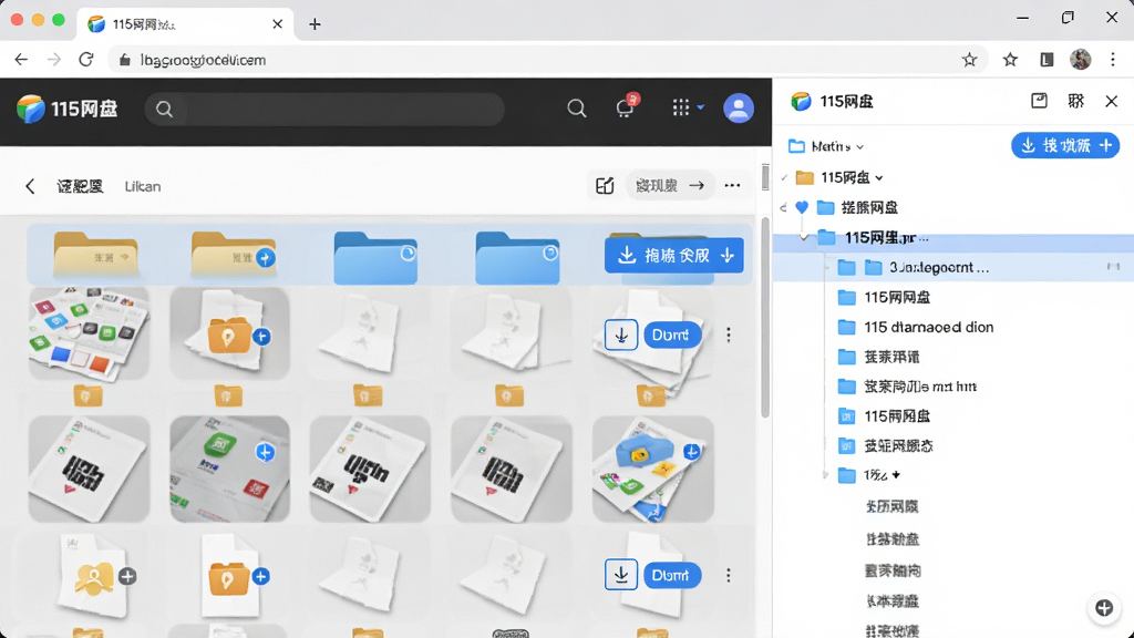 115浏览器侧边栏展示115网盘文件列表,主体为浏览器界面与网盘文件面板并列,布局为左侧网页内容、右侧云端文件树,排版整齐,风格为现代简约风,细节包含文件夹图标、文件缩略图、上传下载按钮、蓝色选中状态,画质高清,干净,无多余元素