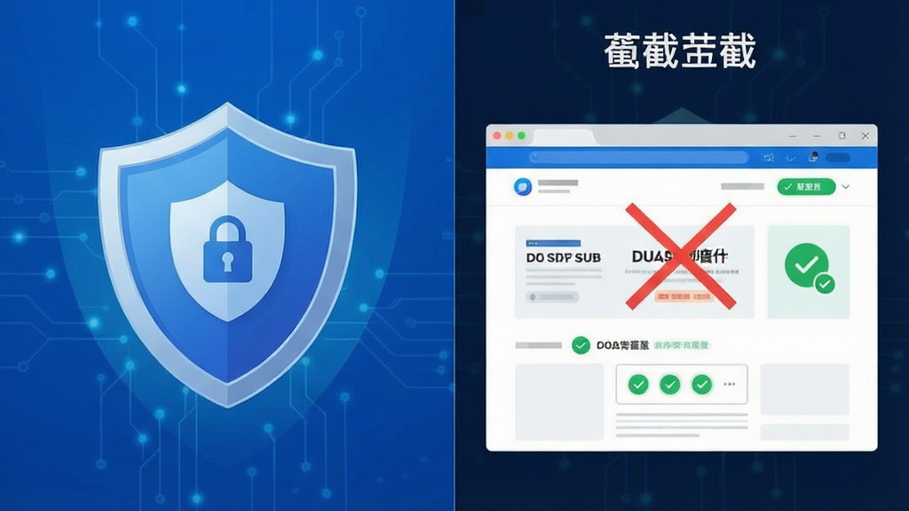 115浏览器隐私保护与广告拦截功能示意,主体为浏览器盾牌图标与干净网页页面对比,布局为左右分栏展示拦截前后效果,排版直观,风格为安全科技风,细节包含盾牌标识、广告元素被划掉、绿色安全提示、蓝色主色调,画质清晰,干净,无多余元素