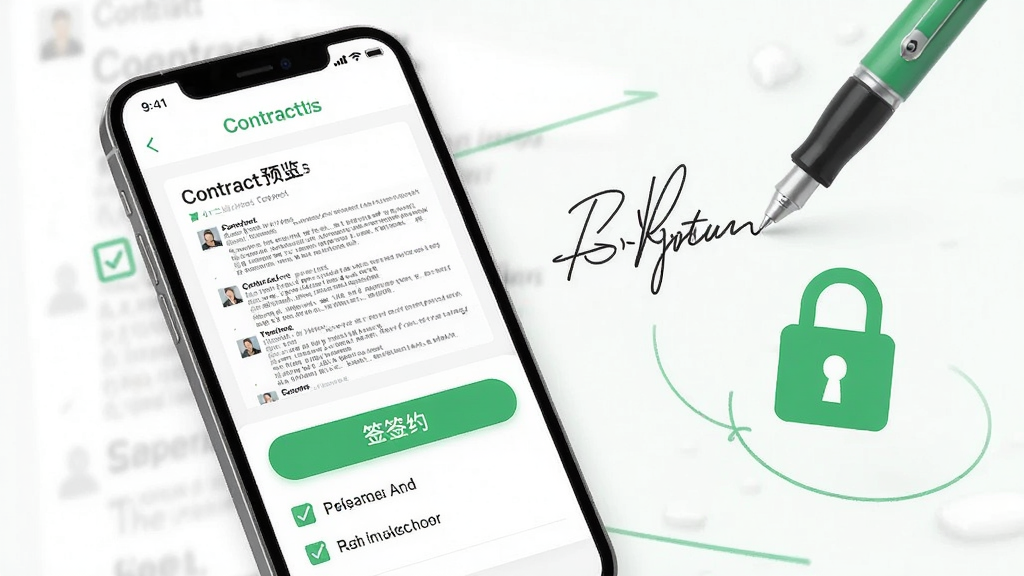 一幅寓小二房东版电子合同签约功能的界面展示图,画面中手机屏幕显示合同预览页面和一个醒目的签约按钮,背景有虚拟的签名笔迹和锁形图标象征安全,主色调为白色和绿色,风格为清新简约UI,细节包括合同条款缩略图和勾选选项,画质清晰,干净,无多余元素