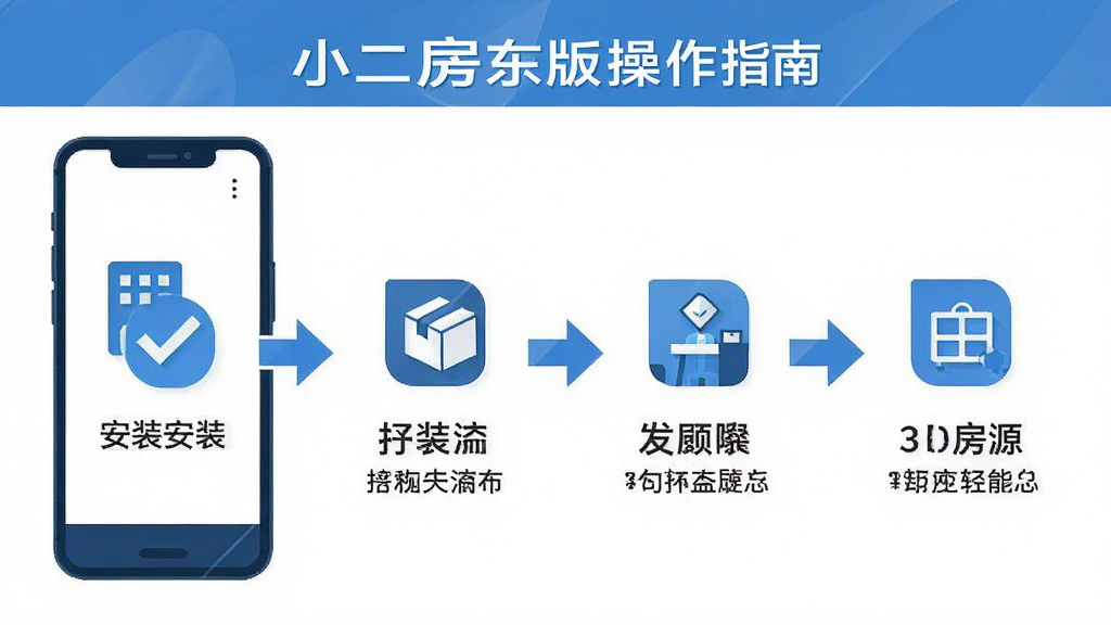 一幅寓小二房东版操作指南示意图,画面展示手机屏幕从安装到发布房源的四个步骤流程,每个步骤配有图标和简短文字说明,主色调为蓝色和白色,风格为扁平化信息图,细节包括勾选标记和箭头引导,画质清晰,干净,无多余元素