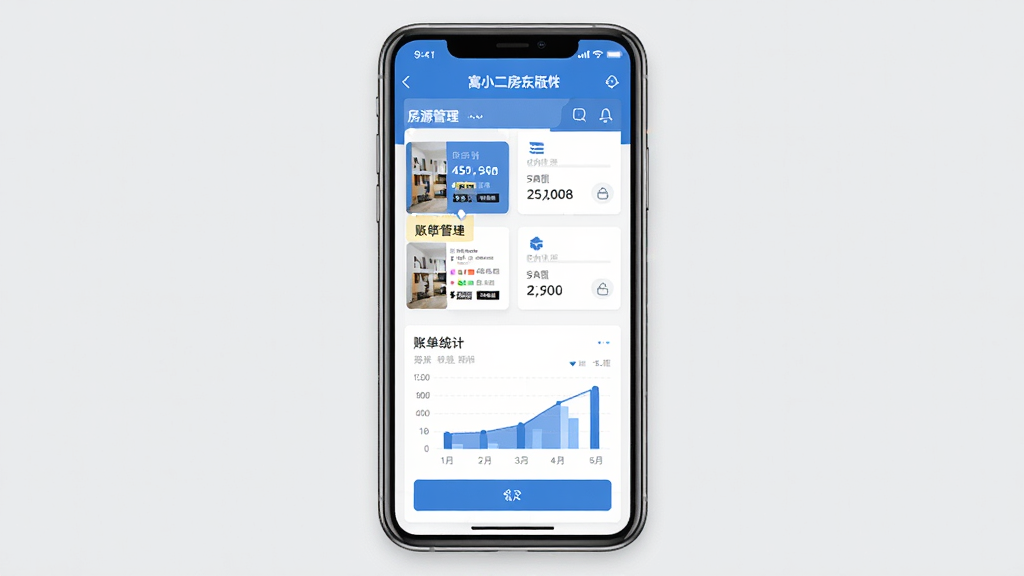 一张展示寓小二房东版软件主界面的手机样机图,画面中央是手机屏幕,屏幕内显示房源管理列表和账单统计图表,主色调为蓝色和白色,界面简洁干净,背景为浅灰色,风格为扁平化UI设计,细节包括清晰的数据卡片和图标按钮,画质清晰,干净,无多余元素