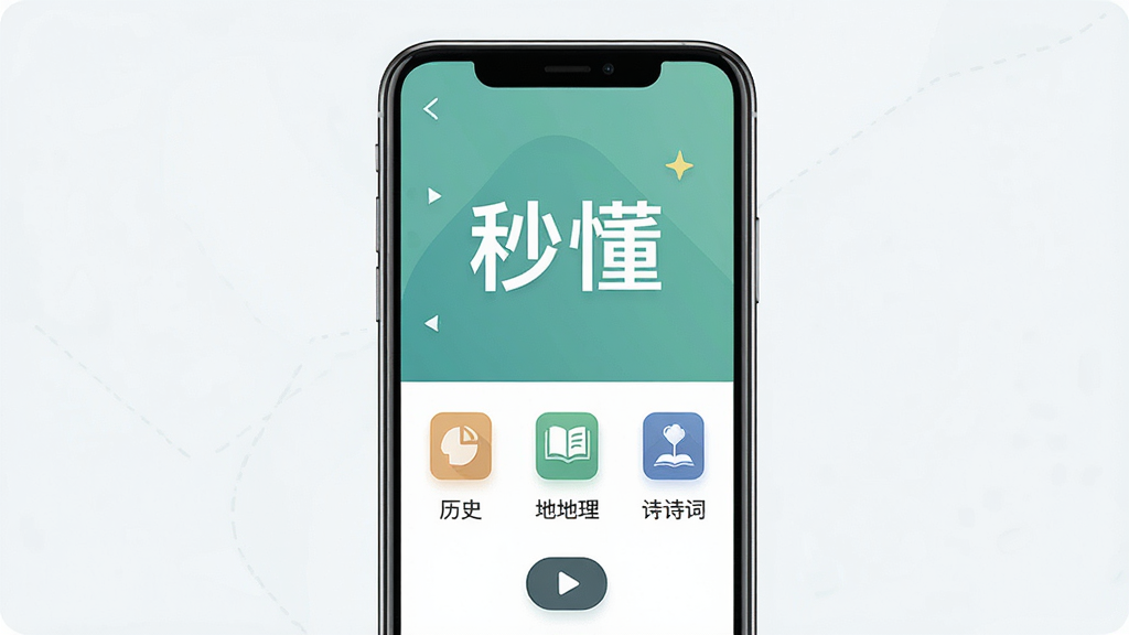 主体是手机屏幕中显示短视频知识科普界面,布局为居中展示一台竖屏手机,排版采用上下结构,风格为现代简约扁平化,细节包括历史、地理、诗词分类图标与播放按钮,屏幕上显示文字“秒懂”,画质为高清4K,干净,无多余元素