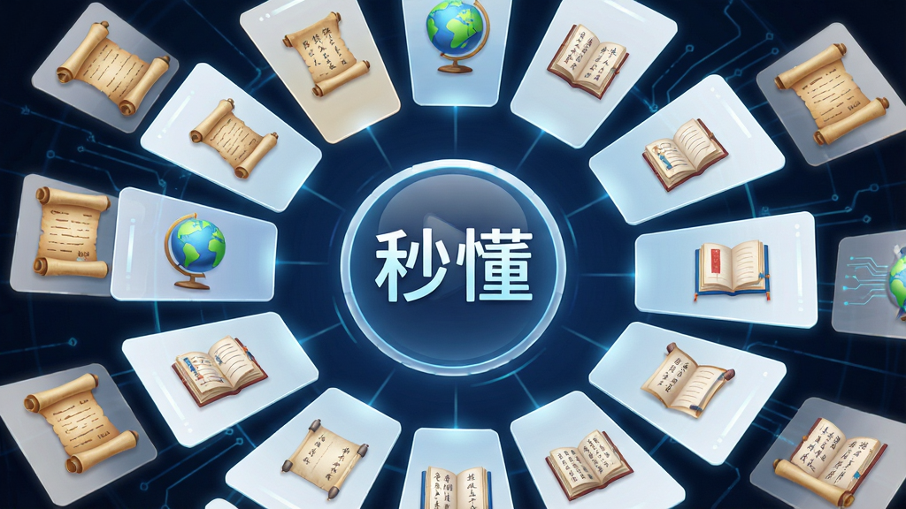 主体是多个悬浮的知识卡片围绕中心播放按钮,布局为环形排列,排版为放射状构图,风格为清新明亮科技感,细节包括历史卷轴、地球仪、诗词书页等图标,画面中央显示文字“秒懂”,画质为高清4K,干净,无多余元素