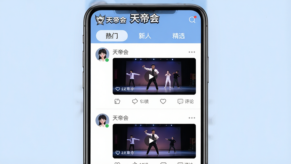 一幅展示“天帝会”社区页面的手机应用截图风格图片,画面中一部手机竖屏显示社区动态列表,每条动态包含用户头像、舞蹈视频缩略图、点赞和评论按钮,顶部有“天帝会”Logo和“热门”“新人”“精选”标签栏,背景为浅蓝色,整体风格社交化、年轻化,画质高清,干净无多余元素。