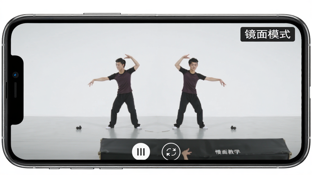 一张展示“天帝会”APP镜面教学功能的手机界面图,画面中央是一部竖屏手机,屏幕内显示舞蹈教学视频,视频画面左右翻转,有“镜面模式”标签显示在屏幕角落,下方有慢放和循环按钮,背景为白色,整体风格干净简约,画质清晰,无多余元素。