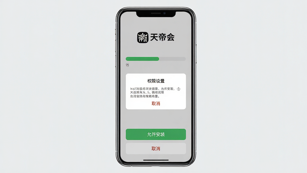 一张展示“天帝会”APP安装步骤的手机界面示意图,画面中一部手机竖屏显示安装进度条和权限设置弹窗,屏幕上方有“天帝会”Logo,下方有“允许安装”和“取消”按钮,背景为浅灰色,整体风格简洁明了,画质高清,无多余元素。