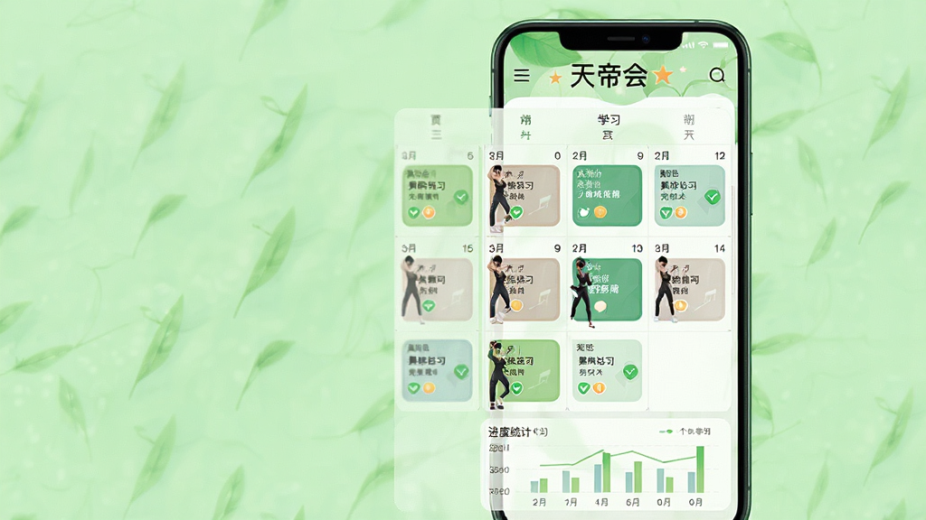 一张展示“天帝会”个性化学习计划功能的手机界面图,画面中一部手机竖屏显示日历式学习计划表,每天标注了不同的舞蹈练习任务和完成状态,顶部有“天帝会”字样,底部有进度统计图表,背景为浅绿色,整体风格清新自然,画质高清,无多余元素。