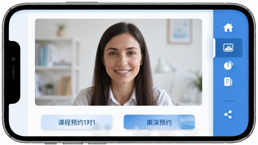 云海螺在线1对1 手机应用主界面 屏幕中央显示外教老师视频通话画面 下方排列课程预约按钮 右侧竖排功能菜单 整体布局简洁清晰 采用蓝白配色 扁平化UI风格 干净 无多余元素 高清画质