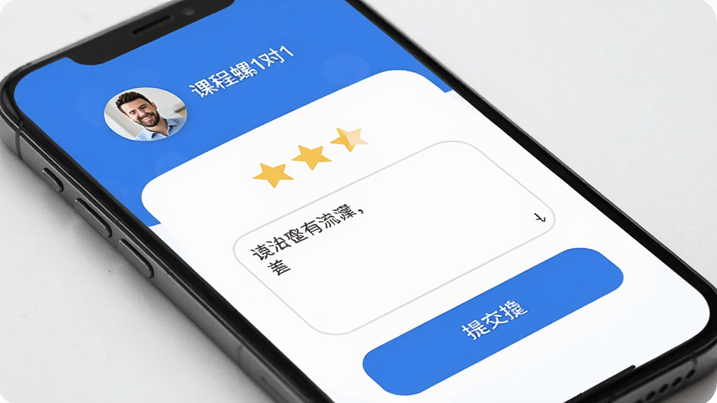云海螺在线1对1 课后评价界面 手机屏幕显示评价表单 包含星级评分 文字输入框和提交按钮 顶部显示外教头像和课程名称 蓝白配色 圆角卡片设计 扁平化风格 干净 无多余元素 高清画质
