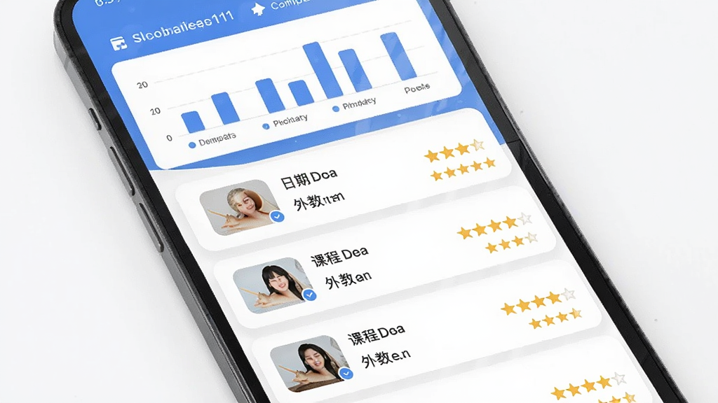 云海螺在线1对1 学习记录页面 手机屏幕展示课程列表 每行显示课程日期 外教姓名 课程时长和评价星级 顶部有学习统计图表 蓝白配色 卡片式布局 扁平化风格 干净整洁 高清画质