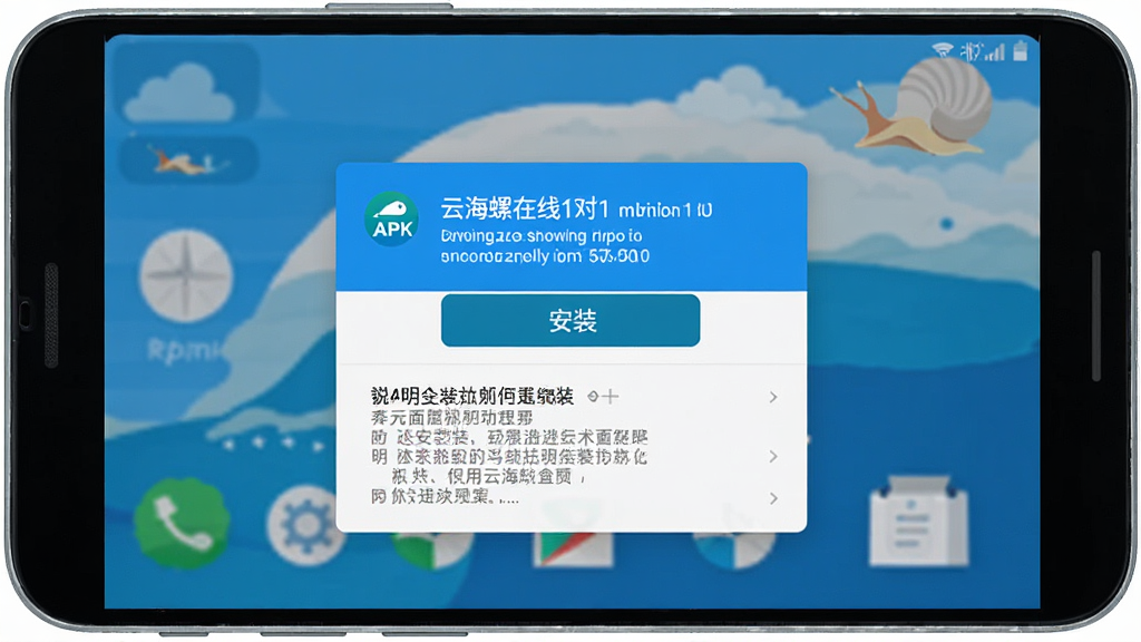 云海螺在线1对1 安卓手机安装界面 手机屏幕显示APK安装提示弹窗 包含安装按钮和权限说明列表 背景为手机桌面 蓝白配色 扁平化UI风格 干净 无多余元素 高清画质