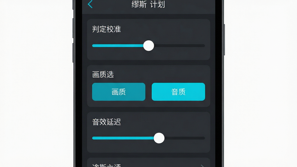缪斯计划移动端操作设置界面展示图,主体为手机屏幕截图风格,画面中显示判定校准滑块、画质选项按钮、音效延迟调节条等设置项,布局为竖向列表式UI,风格为简洁扁平化设计,色彩以深灰底配青蓝高亮,细节清晰展示各选项标签文字,画质干净锐利,无多余装饰元素。