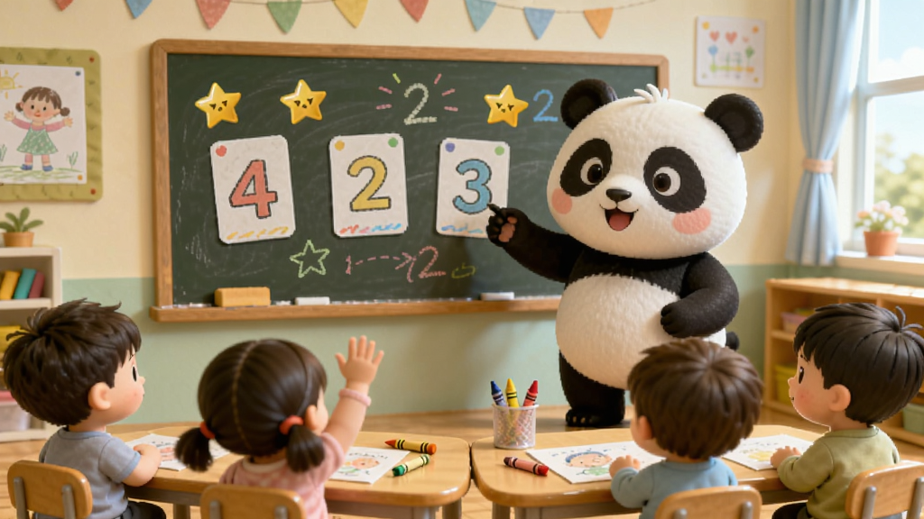 宝宝幼儿园课堂互动场景,主体为可爱的熊猫老师在黑板前教小朋友们认数字,布局采用前景儿童围坐、中景老师站立、背景教室墙饰的层次排布,排版上画面中央悬浮显示数字卡片和星星奖励图标,风格为柔和3D卡通,细节包括孩子们举手的动作、桌上的蜡笔和画纸、窗外透进的阳光,画质细腻,干净温馨,无多余元素