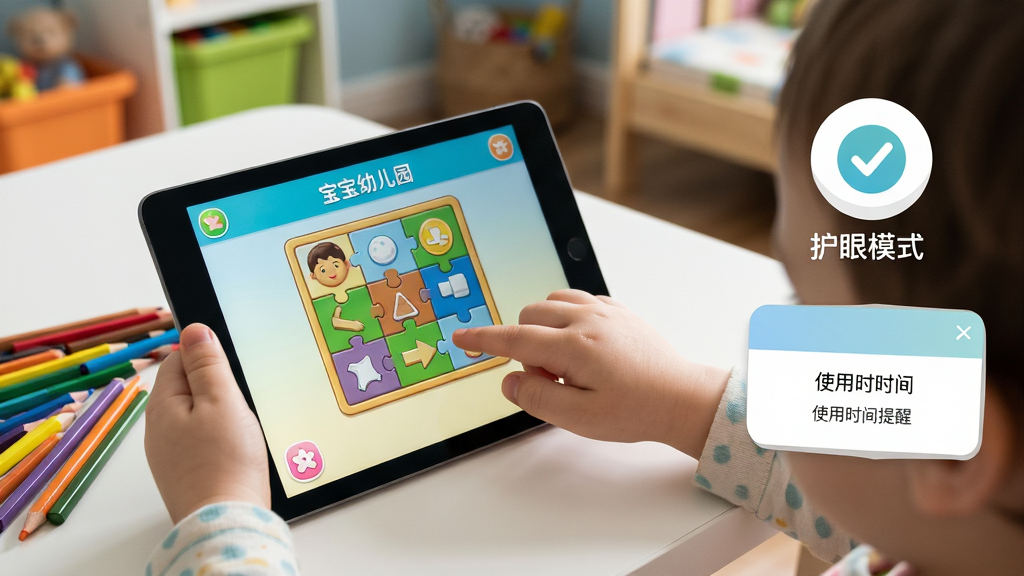 宝宝幼儿园移动端操作实拍示意,主体为儿童双手持平板电脑使用宝宝幼儿园应用,布局采用俯视角度展示屏幕内容与孩子手指点击动作,排版上画面右侧列出护眼模式图标和使用时长提醒弹窗,风格为写实生活摄影,细节包括桌面上的彩色铅笔、背景虚化的儿童房环境、屏幕中正在进行的拼图游戏,画质清晰,干净自然,无多余元素