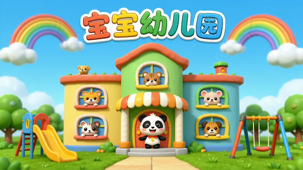 宝宝幼儿园软件主界面全景展示,主体为一座色彩缤纷的卡通幼儿园建筑,布局采用中心对称式构图,建筑前方有绿草地和滑梯秋千,排版上软件名称“宝宝幼儿园”以圆润可爱的字体置于画面顶部中央,风格为3D卡通渲染,细节包括窗户里探出的小动物头像、门口微笑的熊猫老师、天空飘着彩虹和云朵,画质高清,干净明亮,无多余元素