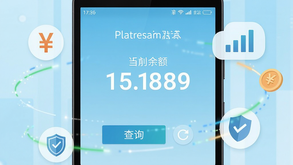 一部安卓智能手机屏幕中央显示着“话费余额直查”的软件界面,界面背景为清爽的浅蓝色渐变,屏幕上方醒目地展示着当前话费余额数字,下方有查询按钮和刷新图标。手机周围环绕着几个漂浮的图标元素,包括人民币符号、信号格和盾牌安全图标。整体布局居中,采用扁平化设计风格,细节上体现科技感与生活化结合,画质清晰,干净整洁,无多余元素。