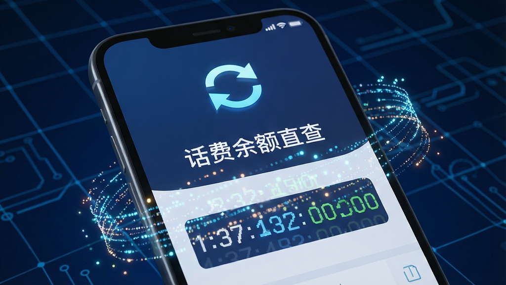 手机屏幕显示“话费余额直查”软件界面,屏幕上方有旋转的刷新箭头图标,下方余额数字正在滚动变化,周围有代表数据流动的粒子光点。背景为深蓝色科技感网格,画面中心突出刷新动作与数据同步的概念。风格为3D渲染,细节精致,画质清晰,干净整洁,无多余元素。