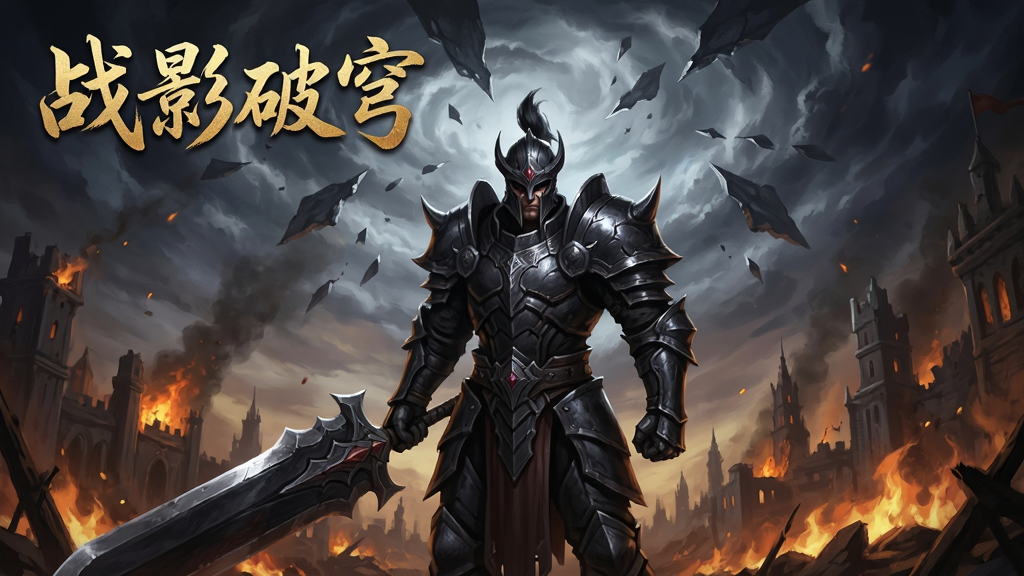 一张竖版手机游戏界面截图风格插画,画面中央是一位身穿暗黑铠甲手持巨剑的战士角色,背景是破碎的苍穹与燃烧的城池,画面左上角有金色行书字体“战影破穹”,整体风格为暗黑玄幻CG质感,布局采用居中构图,主体突出,画质清晰锐利,干净无多余元素
