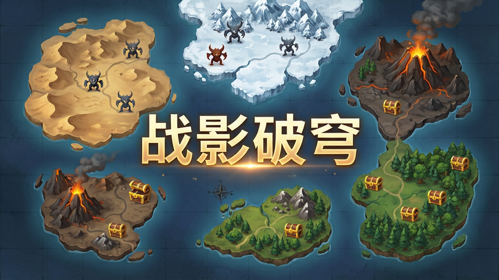 一幅俯视角大地图场景插画,画面中展示多个不同地貌的大陆区域,包括沙漠、雪原、火山与森林,地图上标注有怪物图标与宝箱标记,画面中央悬浮着“战影破穹”四个发光大字,整体风格为游戏世界地图界面,布局开阔,画质精细,干净无杂乱