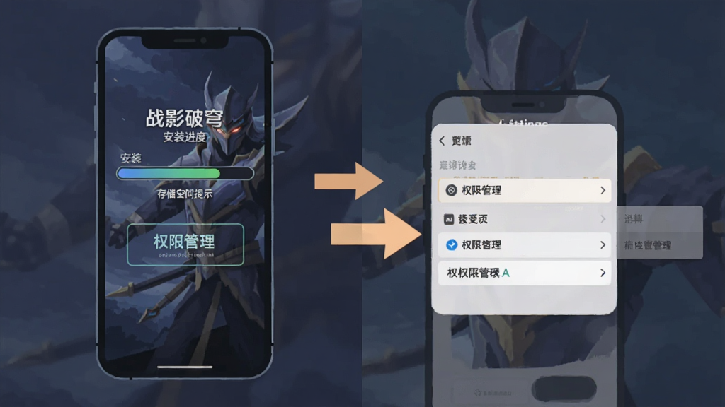 一幅手机游戏安装教程示意图,画面中展示一部智能手机屏幕,屏幕上显示“战影破穹”安装进度条与存储空间提示,旁边有箭头指向设置菜单中的权限管理选项,整体风格为扁平化教程插画,布局为左右对比,画质清晰,干净无多余元素