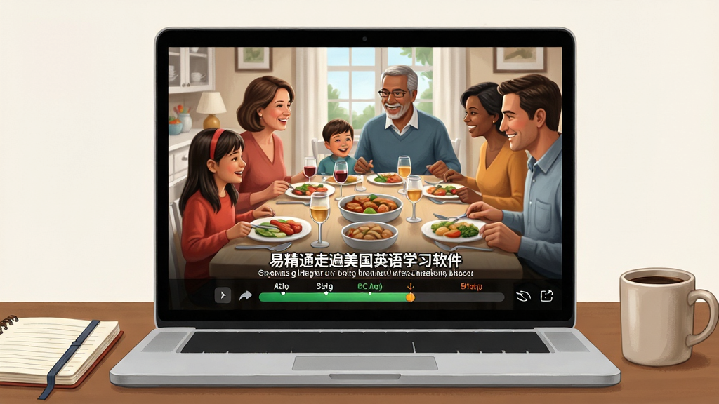 一幅描绘易精通走遍美国英语学习软件情景视频教学功能的插图,画面主体是一台笔记本电脑屏幕,屏幕上正播放着美国家庭聚餐的场景,屏幕下方显示中英双语字幕和跟读评分条,电脑旁边放着笔记本和咖啡杯,布局为居中构图,排版突出屏幕内容,风格写实教育插画,细节包括人物表情、餐具、字幕文字“易精通走遍美国英语学习软件”,画质清晰,干净,无多余元素
