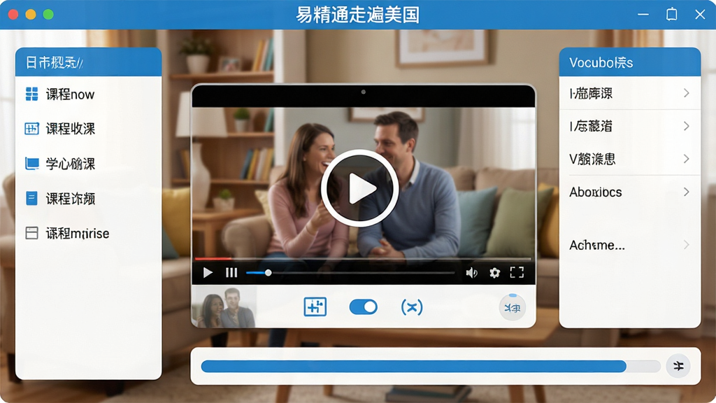 一张展示易精通走遍美国英语学习软件主界面的图片,画面中央是软件标志性的视频播放窗口,周围环绕着课程目录、词汇列表和学习进度条,界面风格简洁明快,以蓝色和白色为主色调,背景是温馨的家庭客厅场景,布局清晰,排版整齐,风格现代教育软件,细节包括播放按钮、字幕开关、复读控制等图标,画质高清,干净,无多余元素