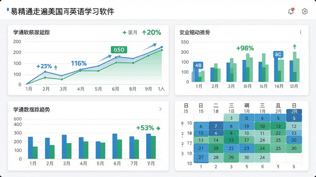 一张展示易精通走遍美国英语学习软件学习进度追踪功能的图片,画面主体是数据仪表盘,包含折线图、柱状图和日历热力图,图表颜色以蓝色和绿色为主,背景是白色卡片式布局,排版整齐,风格商务简约,细节包括百分比数字、日期标注、趋势箭头,画质高清,干净,无多余元素