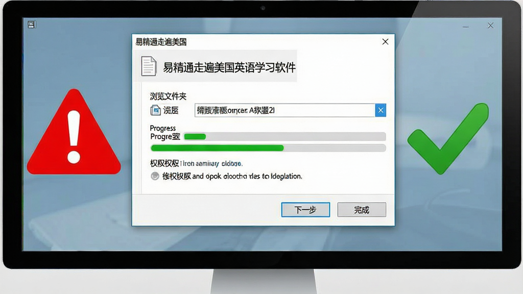 一张展示易精通走遍美国英语学习软件安装与设置界面的图片,画面主体是电脑屏幕上的安装向导窗口,包含“浏览文件夹”“下一步”“完成”等按钮,旁边有醒目的红色警示标志和绿色对勾图标,布局为居中对话框,排版突出操作步骤,风格软件安装界面,细节包括路径选择框、进度条、权限提示文字,画质清晰,干净,无多余元素