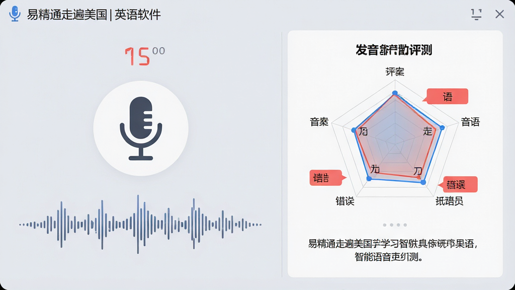 一张展示易精通走遍美国英语学习软件智能语音评测界面的图片,画面中央是麦克风图标和声波波形图,右侧显示发音评分雷达图和红色标注的错误音节,背景是柔和的浅灰色,布局左右分栏,排版清晰,风格科技感教育软件,细节包括分数数字、波形细节、纠正建议文字,画质高清,干净,无多余元素