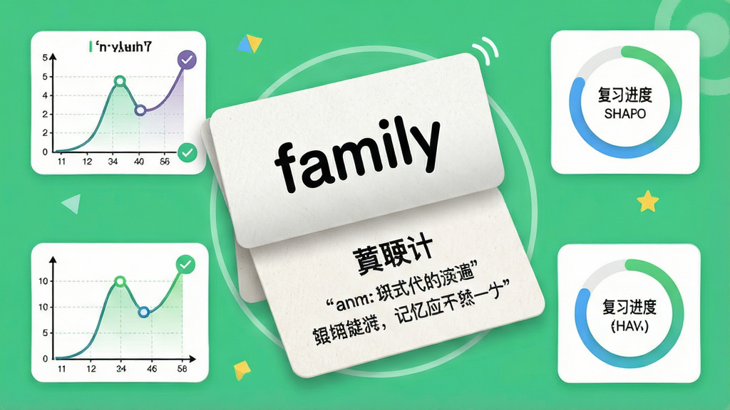 一幅展示易精通走遍美国英语学习软件词汇记忆系统的图片,画面主体是单词卡片翻转的动画效果,卡片正面是英文单词“family”,背面是中文释义和例句,周围散落着记忆曲线图表和复习进度环,布局为居中环绕式,排版活泼,风格清新学习工具,细节包括卡片纹理、曲线节点、打勾图标,画质明亮,干净,无多余元素