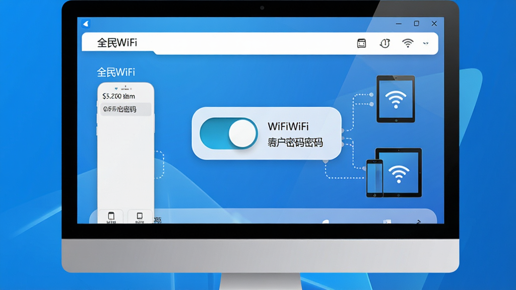 一张展示全民WiFi软件界面的图片,主体为电脑屏幕显示全民WiFi主界面,界面中央有一个醒目的开关按钮,旁边显示WiFi名称和密码,背景为简洁的科技蓝色调,布局清晰,风格现代简约,细节包括手机、平板等设备连接WiFi的图标,画质高清,干净,无多余元素