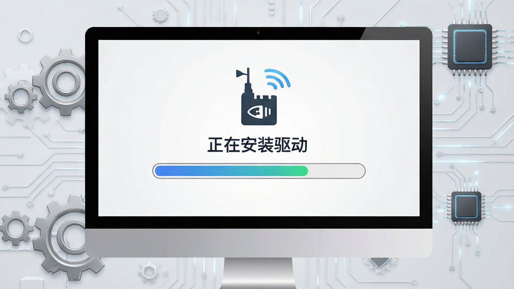 一张展示全民WiFi驱动检测功能的图片,主体为电脑屏幕显示驱动安装进度条,进度条上方有无线网卡图标和“正在安装驱动”字样,背景为浅灰色科技纹理,布局简洁,风格专业,细节包括齿轮和芯片元素,画质高清,干净,无多余元素