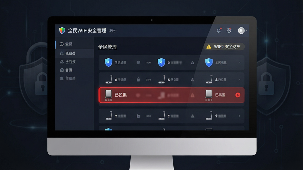 一张展示全民WiFi安全防护功能的图片,主体为电脑屏幕显示全民WiFi设备管理界面,界面中列出多个已连接设备,其中一个设备被红色标记并显示“已拉黑”,背景为深色安全主题,布局清晰,风格专业稳重,细节包括盾牌图标和警告提示,画质高清,干净,无多余元素