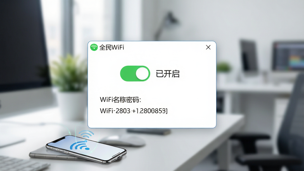 一张展示全民WiFi一键创建热点功能的图片,主体为电脑桌面上的全民WiFi悬浮窗,悬浮窗内有一个绿色开关按钮,按钮旁显示“已开启”字样,下方列出WiFi名称和密码,背景为虚化的办公室场景,布局简洁,风格清新科技,细节包括手机连接WiFi的图标,画质高清,干净,无多余元素
