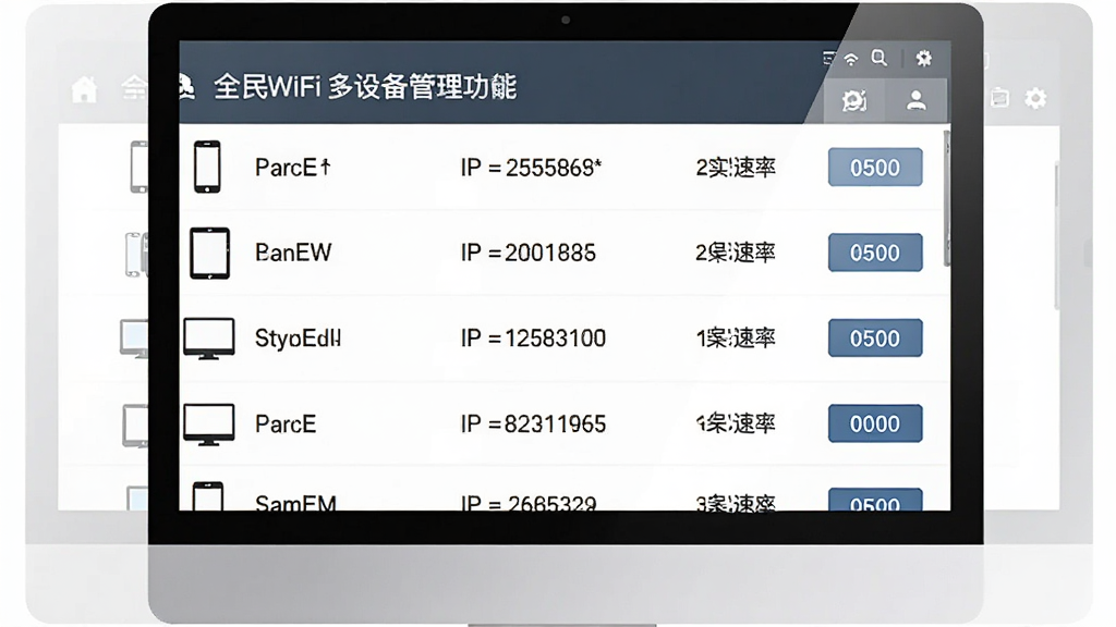 一张展示全民WiFi多设备管理功能的图片,主体为电脑屏幕显示设备列表,每行显示设备名称、IP地址、实时速率和限速按钮,背景为白色简洁风格,布局整齐,风格商务,细节包括手机、平板、电脑图标,画质高清,干净,无多余元素