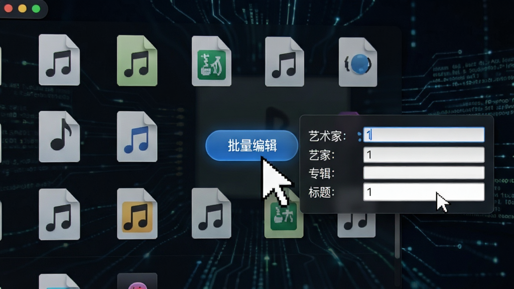 一张展示Mp3tag批量编辑功能的图片,画面中显示多个音频文件图标整齐排列,一个鼠标指针正在点击“批量编辑”按钮,旁边浮现出艺术家、专辑、标题等标签字段的编辑框,背景是深色科技风格,带有数据流线条,画质清晰,干净简洁