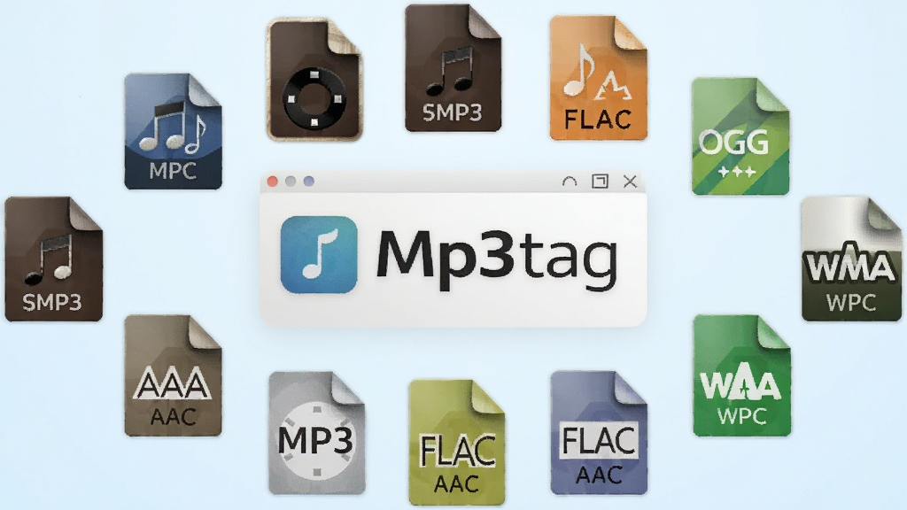 一张展示Mp3tag多格式兼容的图片,画面中多个音频文件图标如MP3、FLAC、AAC、OGG、WMA等围绕在Mp3tag软件图标周围,形成圆形布局,背景是淡蓝色渐变,风格简洁明快,画质清晰,干净无多余元素