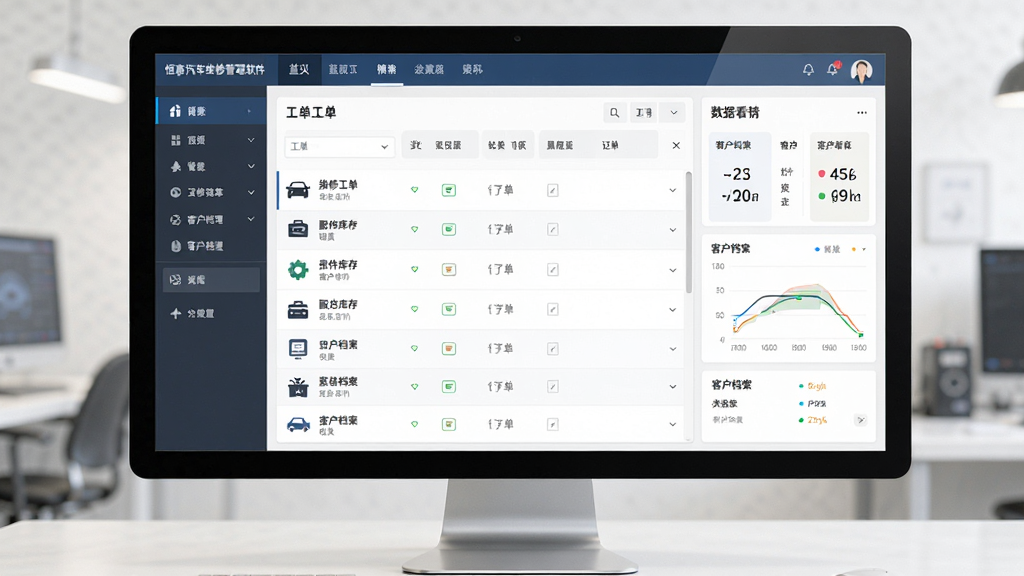 恒泰汽车维修管理软件主界面全貌,主体为电脑屏幕上显示的汽修管理软件操作界面,布局为左侧功能菜单栏、顶部导航栏、中部工单列表和右侧数据看板,排版清晰整齐,风格为现代商务简约风,细节包含维修工单、配件库存、客户档案等模块图标,画质高清,界面干净,无多余元素