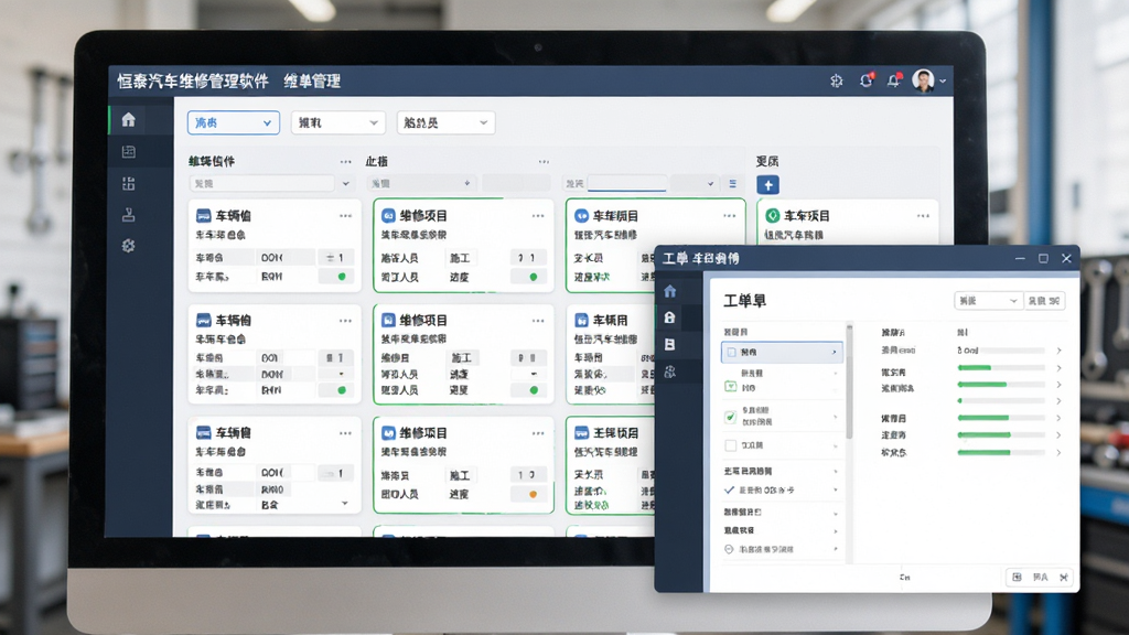 恒泰汽车维修管理软件维修工单管理界面,主体为电脑屏幕上的电子工单列表和工单详情页面,布局为上方筛选条件、中部工单卡片列表、下方工单详情弹窗,排版层次分明,风格为清爽商务风,细节包含车辆信息、维修项目、施工人员、进度状态等字段,画质高清,界面干净整洁