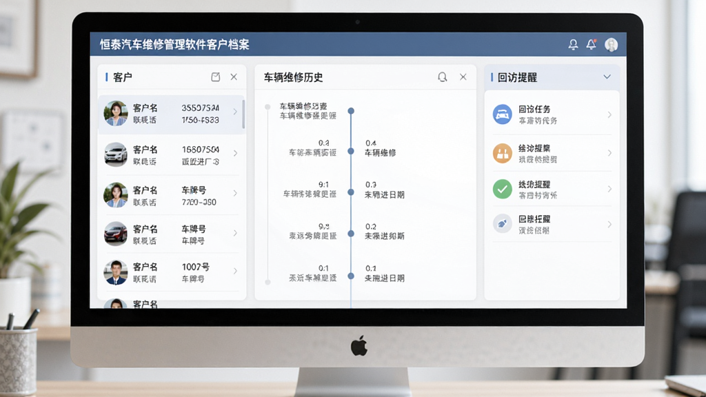 恒泰汽车维修管理软件客户档案与回访提醒界面,主体为电脑屏幕上的客户信息卡片和回访任务列表,布局为左侧客户列表、中部车辆维修历史时间线、右侧回访提醒面板,排版清晰,风格为柔和商务风,细节包含客户姓名、联系电话、车牌号、最近进厂日期等字段,画质高清,界面干净