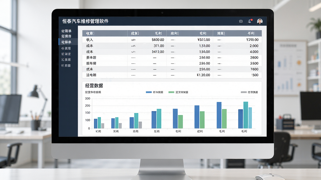 恒泰汽车维修管理软件财务结算与经营报表界面,主体为电脑屏幕上的结算单和柱状图报表,布局为上方结算单表格、下方经营数据图表,排版对称,风格为现代数据风,细节包含收入、成本、毛利等数字和图表,画质高清,界面干净