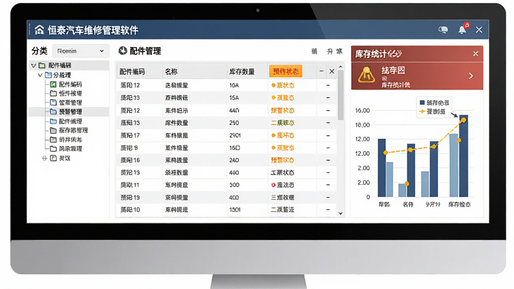 恒泰汽车维修管理软件配件库存管理界面,主体为电脑屏幕上的库存列表与预警提示面板,布局为左侧分类树、中部配件表格、右侧库存统计图表,排版规整,风格为简约商务风,细节包含配件编码、名称、库存数量、预警状态等列,画质清晰,界面干净无杂乱元素
