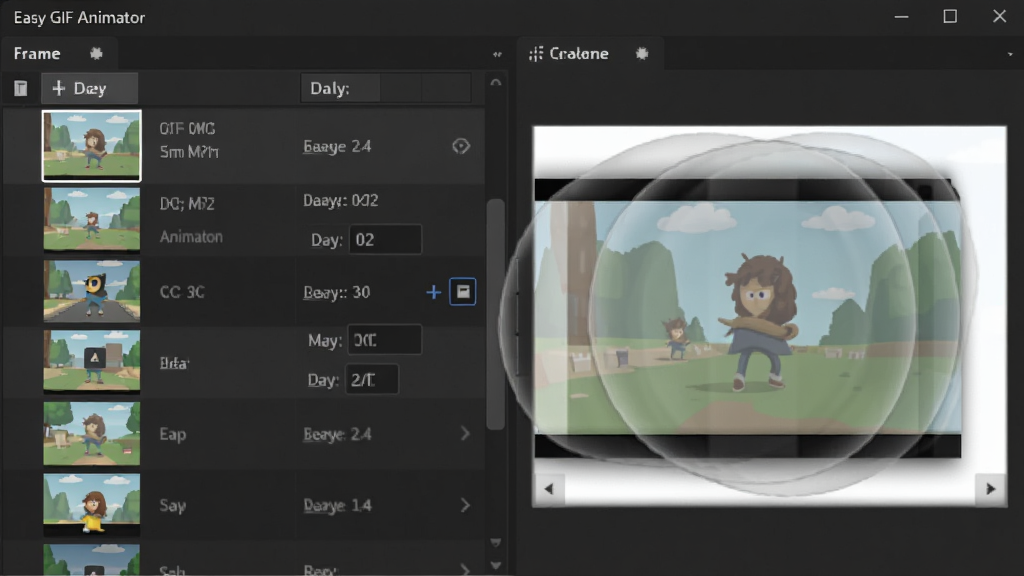 Easy GIF Animator 动画帧管理界面,主体为帧列表与洋葱皮预览,布局为左右分栏,排版整齐,风格为深色专业工具风,细节包含帧缩略图、延迟时间输入框、洋葱皮半透明叠加效果,画质高清,干净,无多余元素