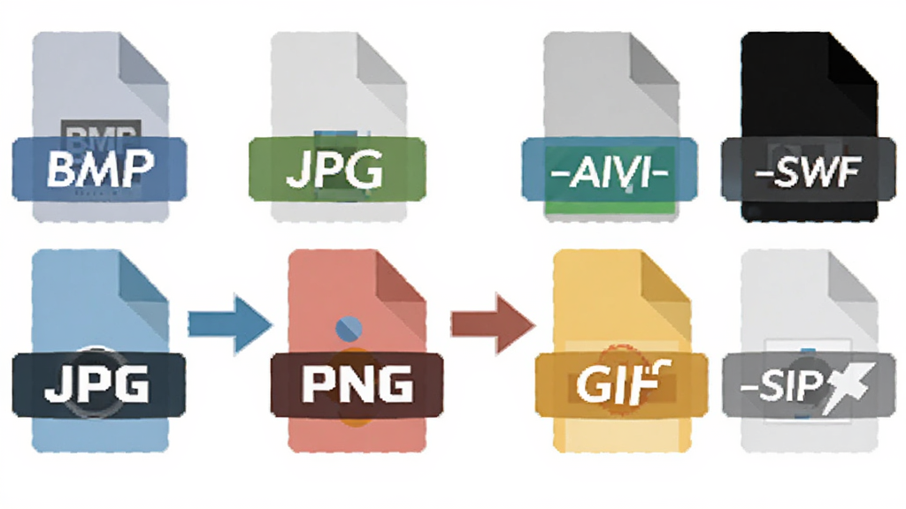 Easy GIF Animator 多格式导入导出功能展示,主体为文件格式图标与转换箭头,布局为横向排列,排版简洁,风格为扁平化设计,细节包含BMP、JPG、PNG、GIF、AVI、SWF标签,画质清晰,干净,无多余元素