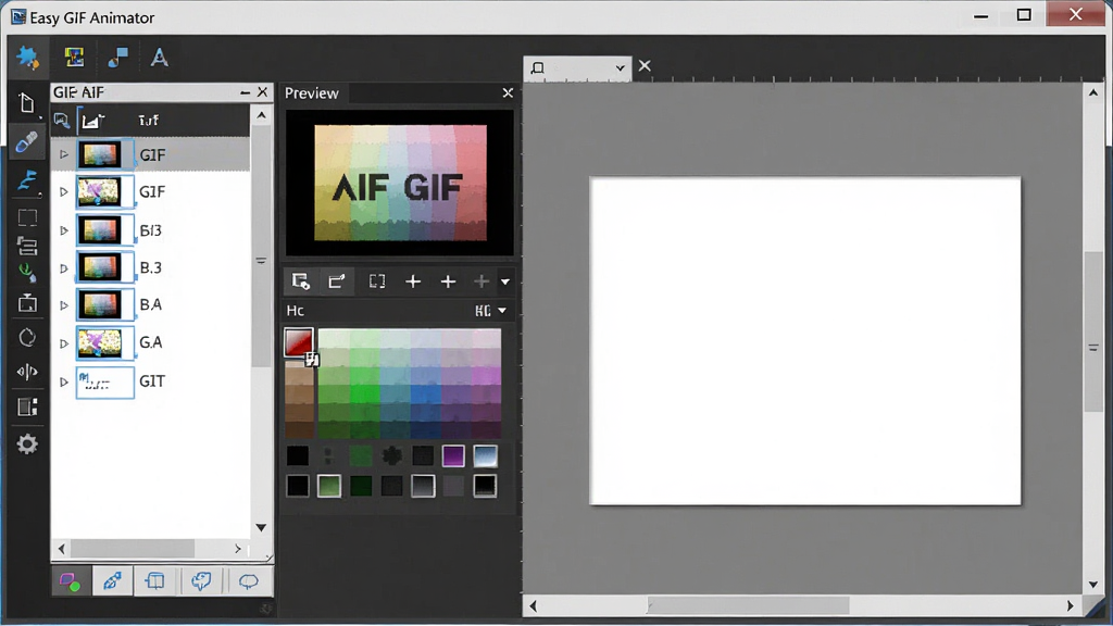 Easy GIF Animator 软件主界面展示,主体为软件窗口布局,左侧工具栏与右侧画布区域,布局清晰,排版规整,风格为现代简约科技风,细节包含GIF帧列表、预览按钮、调色板面板,画质高清,干净,无多余元素
