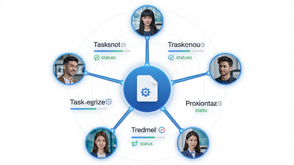 一张展示Transmate团队协作功能的示意图,主体为多个用户头像连接到中央项目文件,布局为星形拓扑结构,排版为圆形围绕中心,风格为现代科技风,细节包括任务进度条和同步状态图标,画质清晰,干净,无多余元素