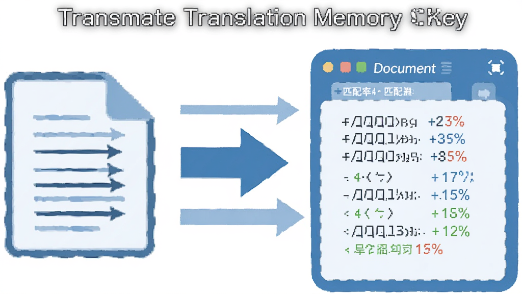 一张展示Transmate翻译记忆库工作流程的示意图,主体为翻译记忆库与文档之间的数据流关系,布局为左侧文档图标、中间箭头指向右侧记忆库图标,排版为横向流程图,风格为扁平化信息图,细节包括记忆库中存储的句对示例和匹配率百分比标注,画质清晰,干净,无多余元素