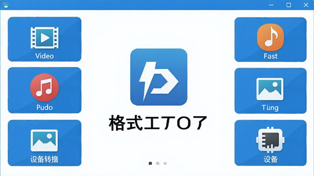 一张展示格式工厂软件主界面的图片,画面中央是格式工厂的图标与名称,周围环绕着视频、音频、图片、设备等分类转换模块的图标,界面清晰整洁,风格现代简约,整体色调以蓝色和白色为主,画质高清,干净无多余元素