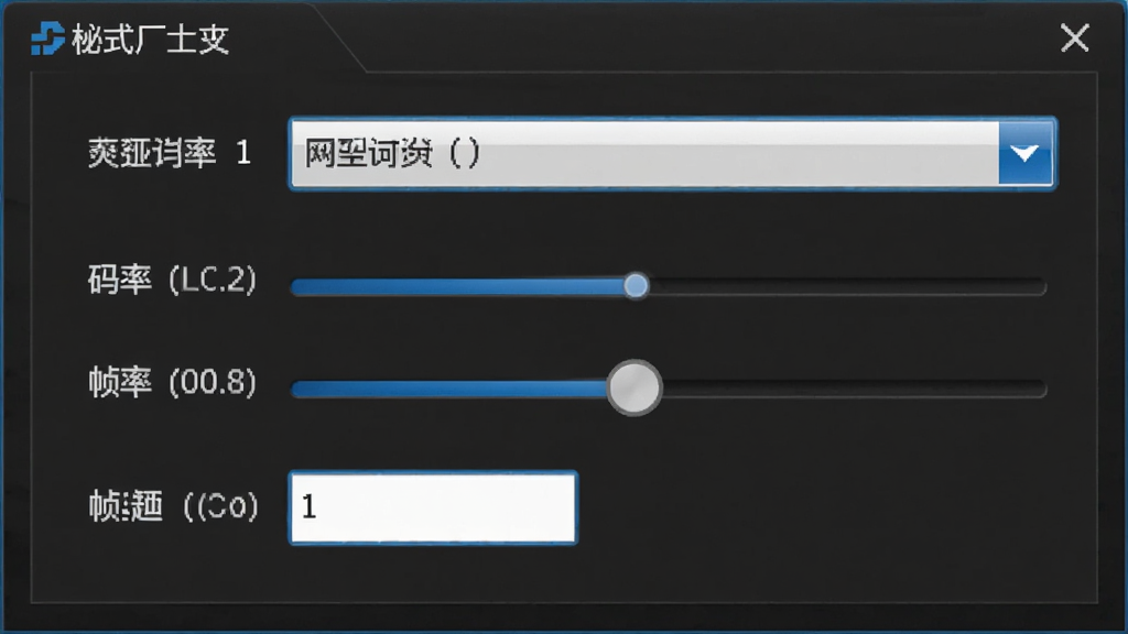 画面呈现格式工厂的参数设置面板,面板中显示分辨率下拉菜单、码率滑块、帧率输入框等调节控件,背景为深色专业风格,控件带有蓝色高亮,画质细腻,布局整齐,无多余干扰元素